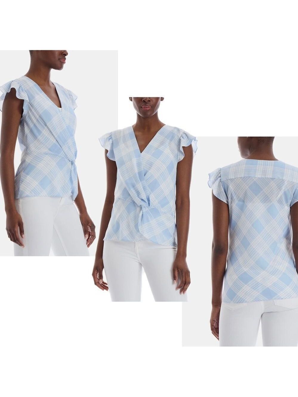 FRONT knot wrap plaid check blouse ruffle sleeve Blue white Sz S NWT